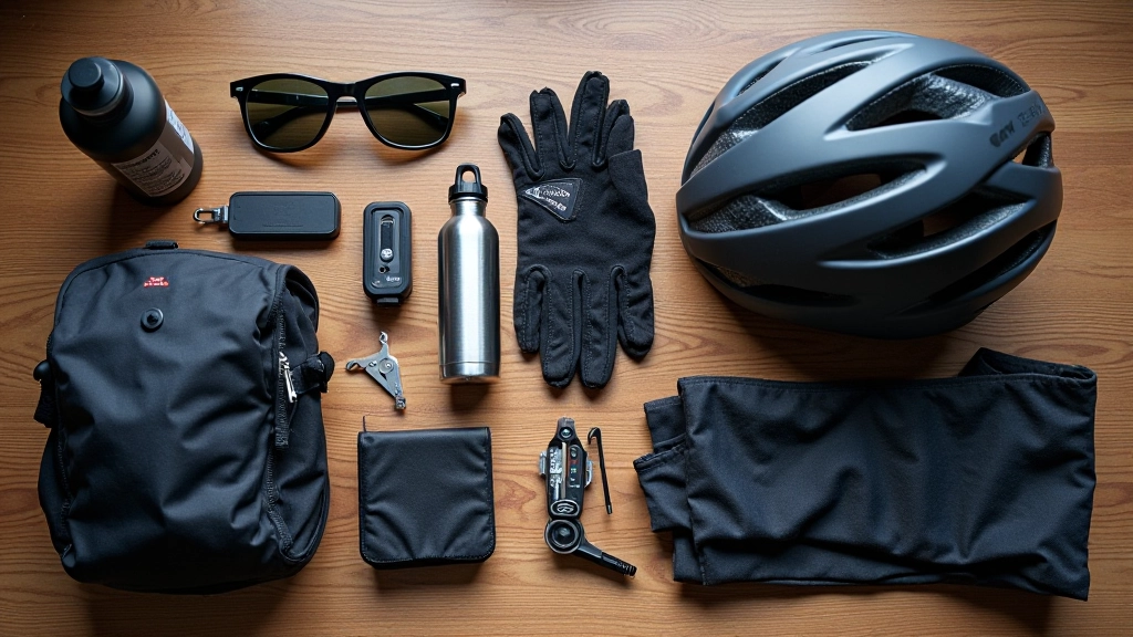 Flat lay of essential gravel cycling gear including helmet, gloves, tools, and water bottle arranged neatly
