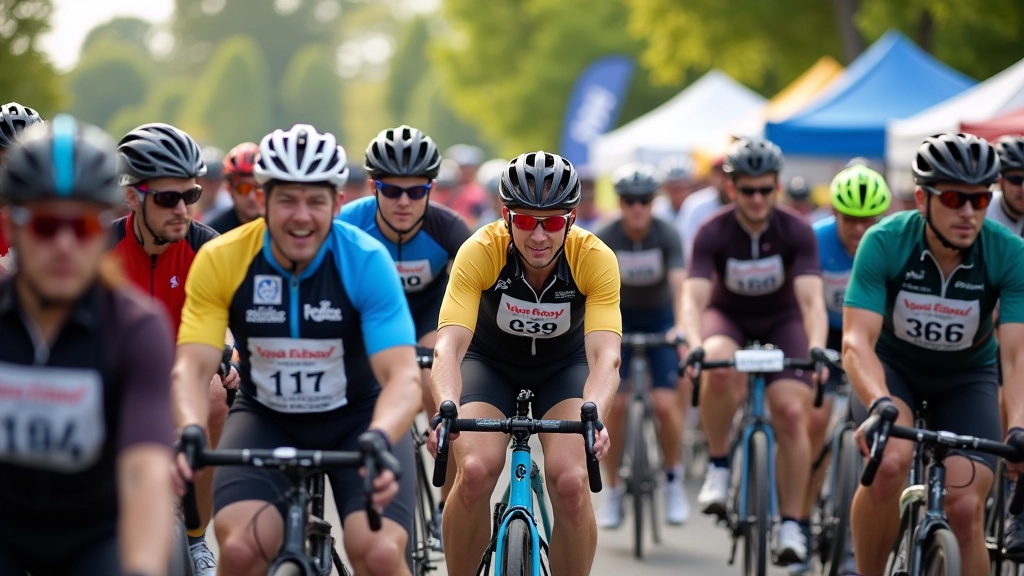 Group of cyclists at a charity bike ride event with race bibs and fundraising banners