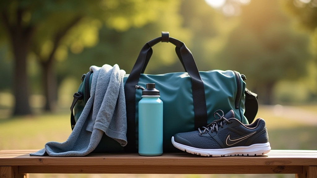 Organized gym bag with water bottle, towel, and athletic shoes arranged neatly on bench in fitness studio