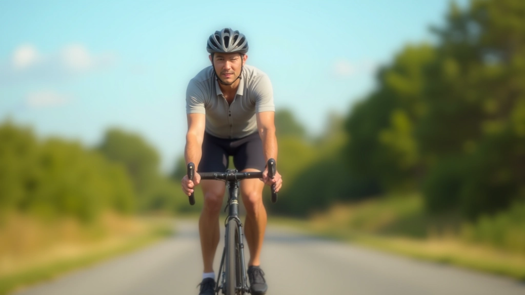 Cyclist riding on a smooth paved bike path with trees and blue sky, appearing focused and confident