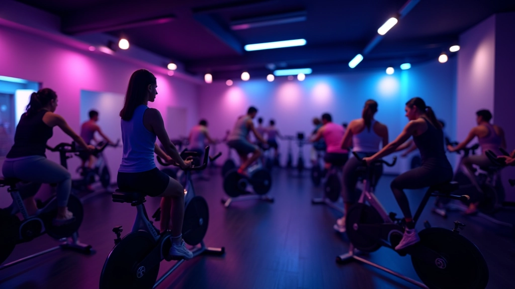 Indoor cycling studio with stationary bikes and instructor leading a spinning class