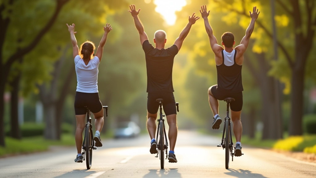 Cyclists stretching before a morning ride on a quiet residential street